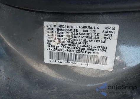 2010 Honda Odyssey Ex-L from USA, damaged, VIN 5FNRL3H74AB082030